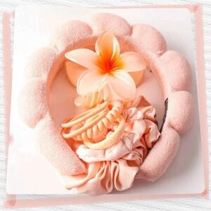 Peach Pink Floral Puff Headband with Scrunchie & Clips